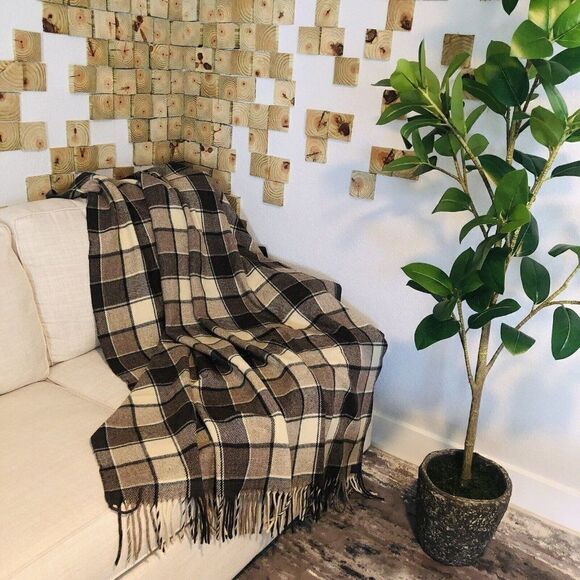Vintage Pendleton Throw Wool Blanket Plaid With Fringes Brown  70"  X  53" - Picture 1 of 9